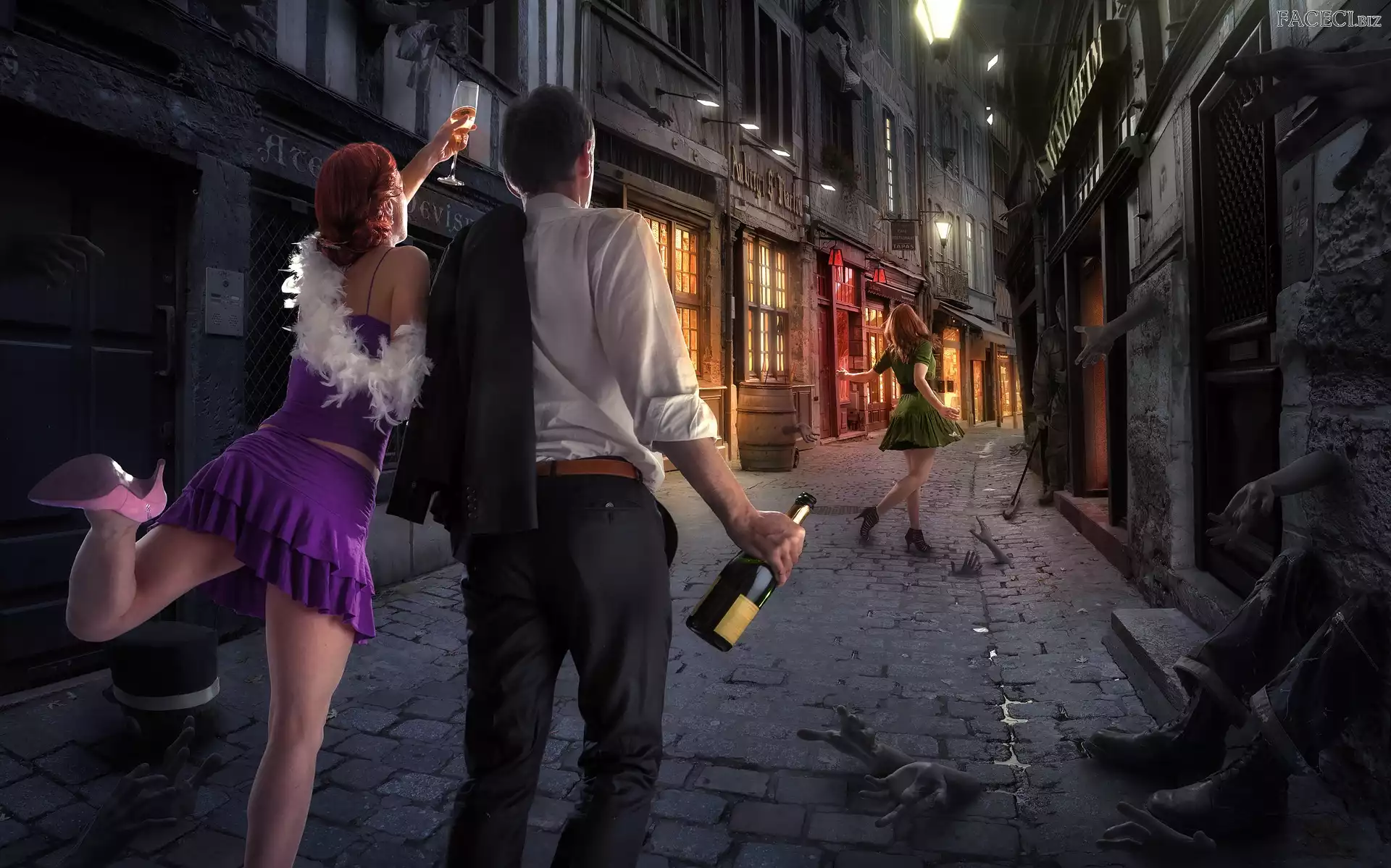 Fantasy, Domy, Mężczyzna, Kobiety, Ulica